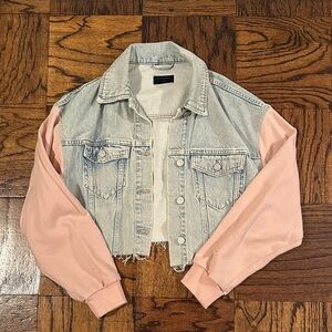 All Saints cropped jean jacket with sweatshirt sleeve